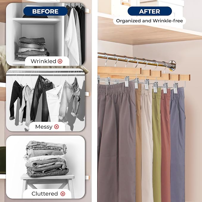 SereneLife 10 Pack Skirt and Pant Hanger with Adjustable Non-Slip Steel Clips, Premium Wooden, 360° Swivel Hook & 10 lb Capacity – Space-Saving Heavy-Duty Hangers for Jeans, Shorts & Slacks (Natural) - Image 5
