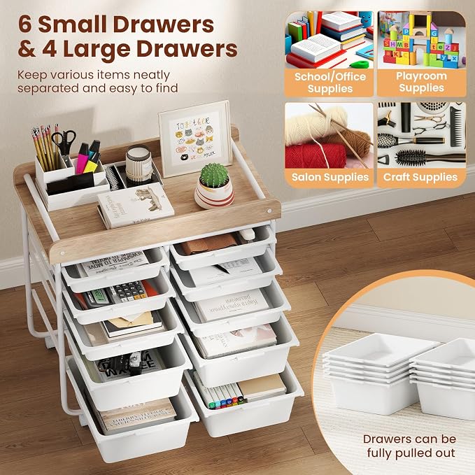 Rolling Storage Cart with 10 Drawers, Plastic Large Capacity Craft Organizer on Wheels with Wooden Top, Mobile Art Supply Utility Cart for Classroom, Home, Office - Image 4