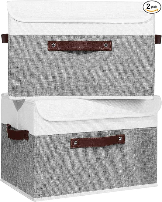 ANMINY Fabric Storage Box Bins with Lids, Gray White, 15"x10"x10", 2 Pack | Keepsake Memory Storage, Cotton Linen, PP Board Reinforced, Washable, PU Handles, Foldable & Stackable, Decorative, Large by ANMINY