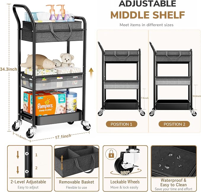 Baby Diaper Caddy Organizer Cart with Adjustable Shelf and Detachable Dividers, Grey 3 Tier Postpartum Carts on Wheels, Rolling Storage Cart for Baby Essentials, Newborn Must Haves, Bedside, Nursery - Image 2