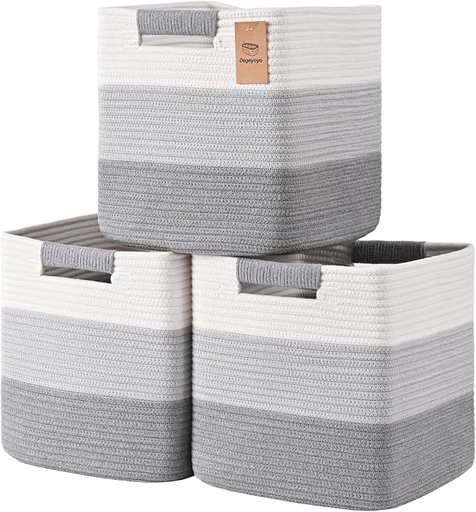 13 Inch Storage Cubes, 3 Pack Cube Storage Bins for Organizing, Cotton Rope Woven Baskets for Shelves, Bathroom, Kids Room, Closets, Baby Nursery by Degeyoyo