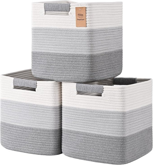 13 Inch Storage Cubes, 3 Pack Cube Storage Bins for Organizing, Cotton Rope Woven Baskets for Shelves, Bathroom, Kids Room, Closets, Baby Nursery by Degeyoyo
