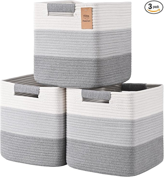11 Inch Storage Cubes, 3 Pack Cube Storage Bins for Organizing, Cotton Rope Woven Baskets for Shelves, Bathroom, Kids Room, Closets, Baby Nursery by Degeyoyo