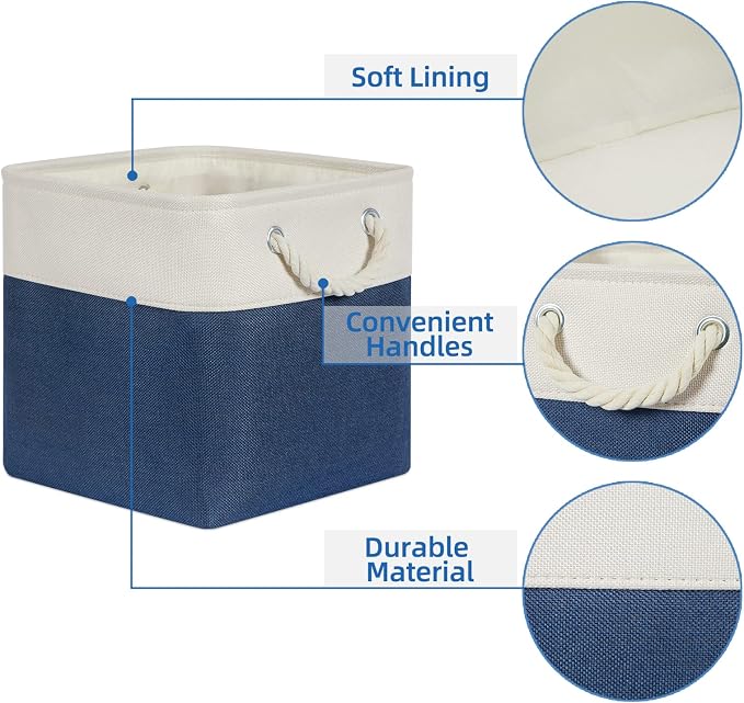 Temary Fabric Storage Cubes 11x11 Cube Storage Bins 4Pack Blue Basket for Organizing Home, Closet, Empty Gift Baskets with Handles (White&Blue) - Image 3