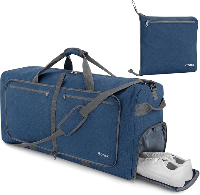 Gonex 100L Foldable Travel Duffle Bag with Shoe Compartment, Lightweight | 210D Nylon, Water-Repellent, Folds Compact, Multiple Pockets, Luggage Sleeve,Family Travel & Camping, Dark Blue - Image 8