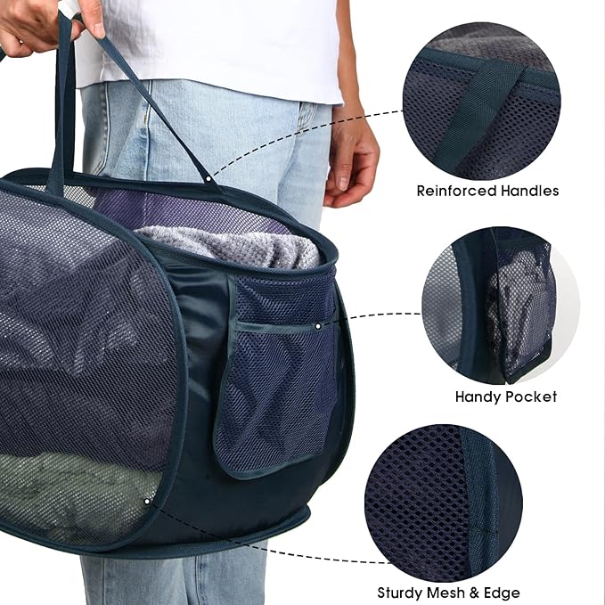 Durable Collapsible Laundry Baskets, Mesh Pop Up Laundry Hamper with Handy Pocket, Foldable Clothes Hamper with Reinforced Carry Handles for Laundry, Bathroom, Kids Room or Travel Navy - Image 6
