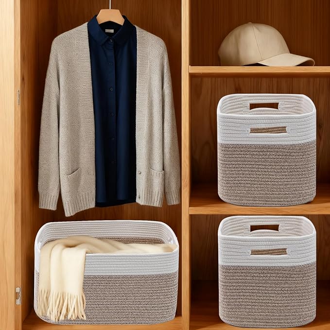 3 Pack Woven Baskets,Storage Baskets for Shelves with Handles | 13.5"×11"×9.5" Closet Baskets, Nursery Organizer for Toys Towels Books, Storage Bin for Living Room Bedroom (White&Brown) - Image 8