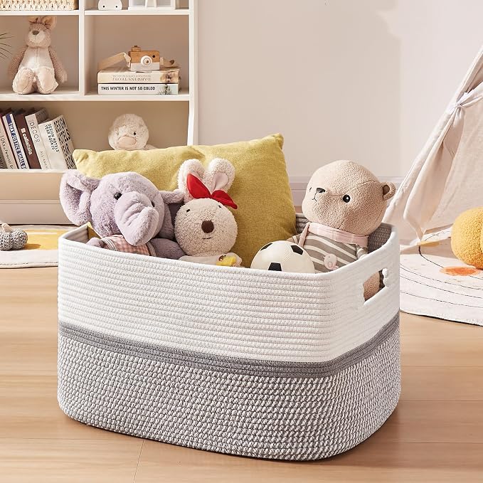 OIAHOMY Blanket Basket Laundry Basket Dog Toy Basket 75L Grey/White | Large Storage Basket,Baby Basket,Toy Storage,Woven Rope Basket for Blankets,Blanket Storage for Living Room - Image 5