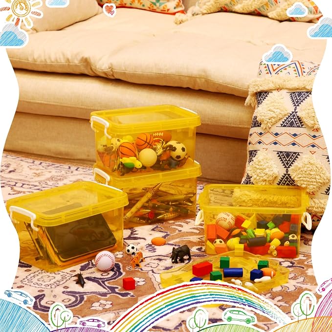 6 Pack Colorful Plastic Storage Bins with Lids 4 Quart Small Storage Latch Box Stackable and Nestable Clear Organizer Bins with Latching Handle and Buckle for Organizing(Yellow) - Image 6
