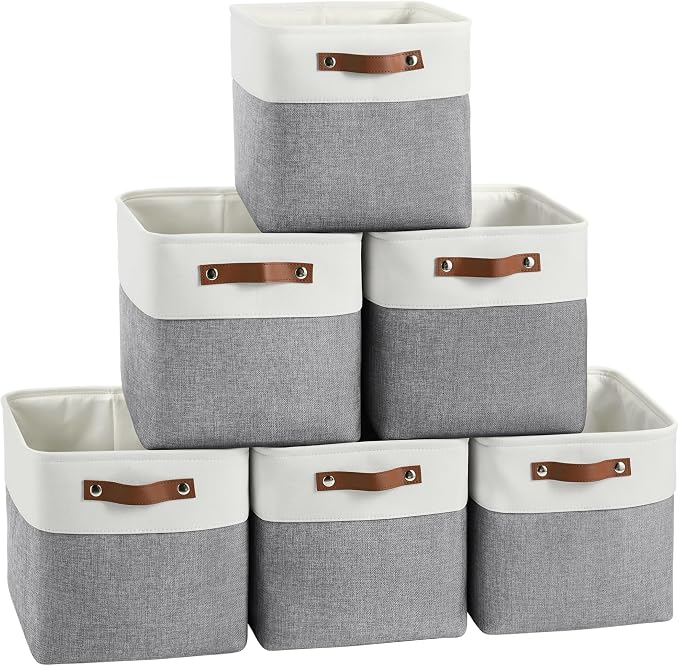 FinishingBo 11 inch Cube Storage Bin 6 Pack, Cube Organizer Bins | Fabric Storage Bins With Handles, 11x11 Storage Cubes, Shelf Basket, White/ Gray by SimplifySpaceSimplifyLife