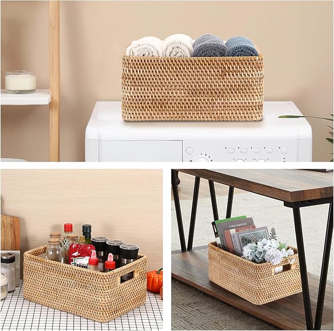 Hipiwe Rattan Wicker Basket for Shelf Organizer Natural Basket with Handles | Handwoven Open Storage Bin Rectangular Closet Organizer Bin Multipurpose Storage Box, 13.8" x 9.8" x 6.3" - Image 4