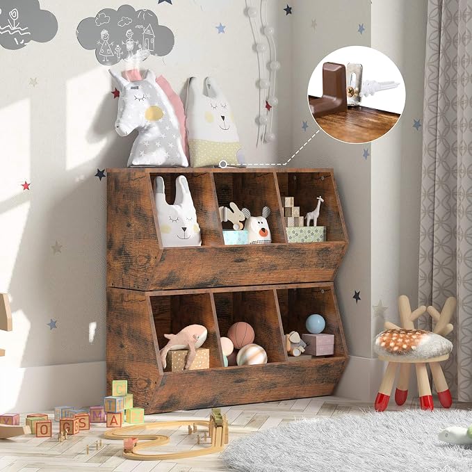 HOOBRO Toy Storage Cubby, Kids Bookshelf, Stackable 3-Bin Toy Storage Cabinet, Bookcase Footboard, Children's Toy Shelf, Suitable for Children's Room, Playroom, Hallway, Rustic Brown BF30CW01 - Image 6