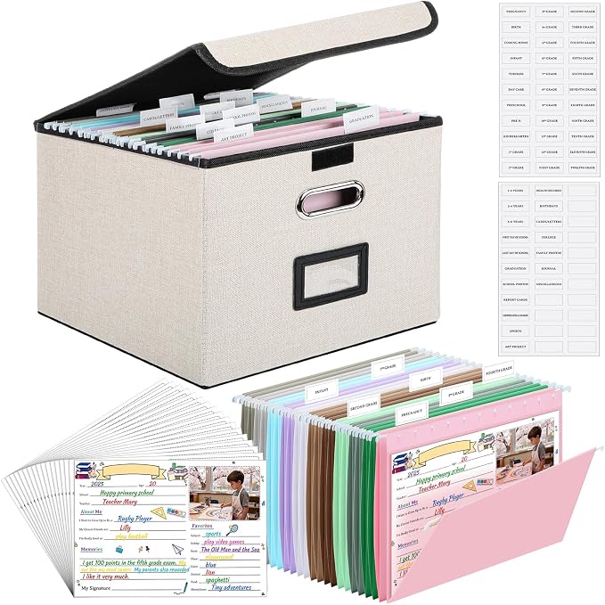 School Memory Organizer Box Kit K-12 School Year Memory Keepsake with 24 Different Memorys Questionnaire 24 Hanging File Folder 2 Label for Kid Storage Picture File Keeper(Neutral,Beige,Linen) by Motipuns