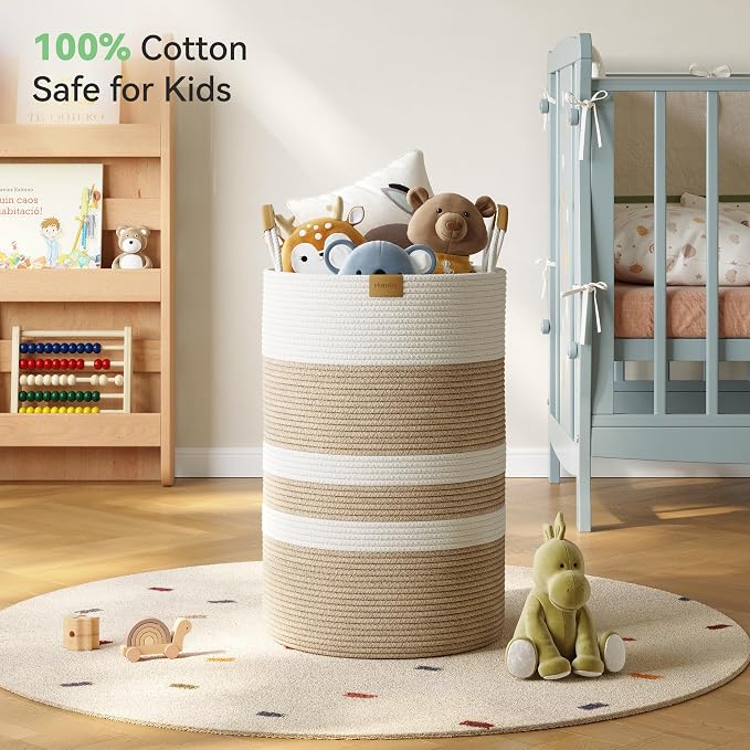 Nunsino 75L Striped Laundry Hamper with Leather Handles,Large Foldable Laundry Basket for Clothes,Cotton Rope Storage Bin for Blankets,Woven Clothes Basket for Bedroom,Beige Stripes - Image 3