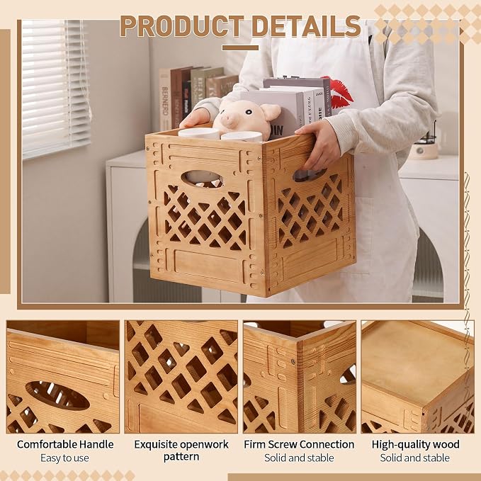 2 Pack Wooden Milk Crate, 11 x 11 x 11 Inch Stackable Rustic Wood Storage Crate with Handles, Decorative Farmhouse Basket Organizer for Home, Kitchen, Office - Image 3