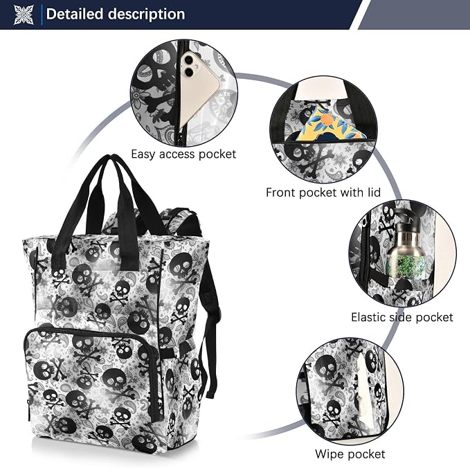 MNSRUU Diaper Bag Skulls Black Grey Paisley Diaper Bag Backpack Multifunction Travel Diaper Bag Tote Large Capacity Diaper Changing Backpacks for Moms Dads - Image 2