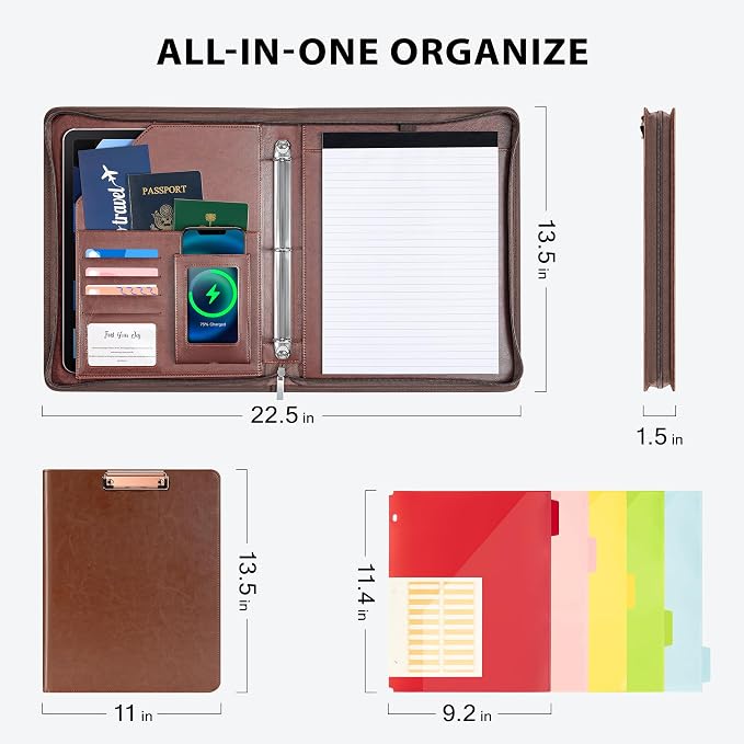 Ospelelf Zippered Padfolio Organizer, Faux Leather 3 Ring Binder with Clipboard, Letter Size Business Portfolio with Notepad, Tablet Sleeve & Phone Pockets for Office Work Brown - Image 3