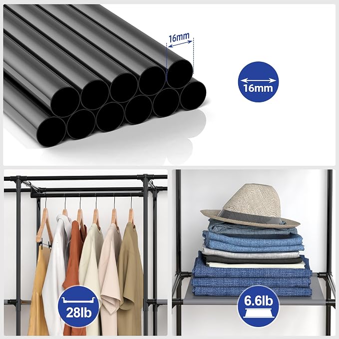Portable Closet, Wardrobe Closet with 10 Storage Shelves and 2 Hanging Rods, Non-Woven Fabric Cover, 52.4 x 18.1 x 66.6 Inches Closet Organizer for Bedroom, Gray - Image 3