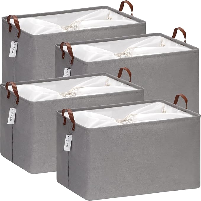 Hinwo 70L Extra Large Canvas Storage Bin with Lid and Handles, 4-Pack | Collapsible Fabric Baskets, Closet Shelf Organizers, Containers for Clothing, Blankets, Toys, Bedding (Gray) by Hinwo