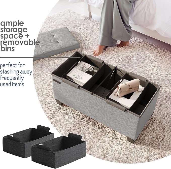 Storage Ottoman Bench with Bins, 30-in Storage Bench for Bedroom End of Bed, Folding Foot Rest Ottoman for Living Room Max 660lbs, Leather Ottomans, Light Grey - Image 3