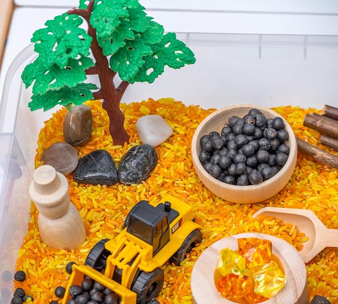 Construction Sensory Bin Kit for Kids | Taste-Safe Rice, Realistic Rocks & Logs, Wooden Tools & Vehicles – Includes Storage Bin – Montessori-Inspired Sensory Play - Image 3