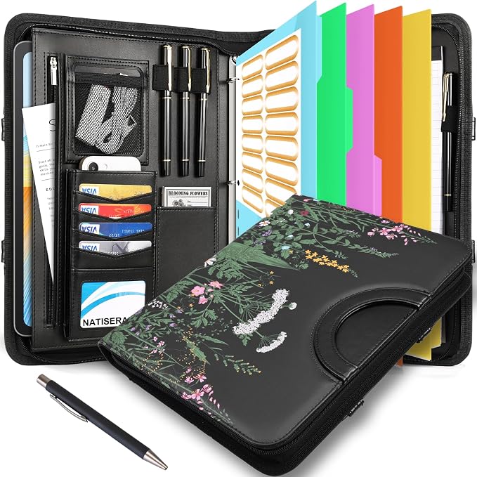 Portfolio Binder 3 Ring Includes Pen and 5 Dividers with 10 Pockets, Padfolio Organizer with Zipper for Men and Women, Includes A4 Notepad for Business, School, Work by NATISERAUM