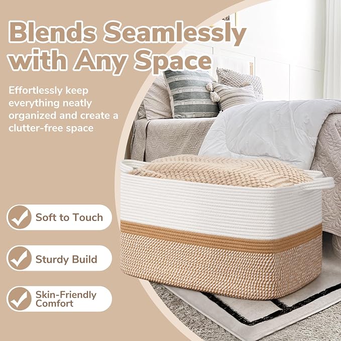 Goodpick Large Woven Rope Blanket Basket, Rectangle, White & Camel Mix | 21.6'' x 14.9'' x 11.8'' Storage Basket for Blankets & Toys, Living Room, Bedroom & Nursery Organization, Home Decor - Image 5