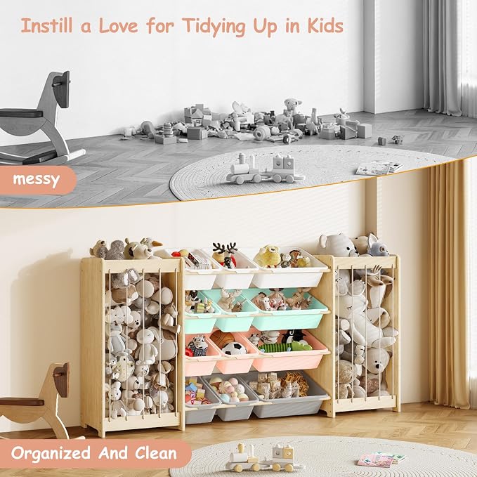 EXPERLAM Large Toy Storage Organizer, Wooden Stuffed Animal Storage & 12-Bins Toy Organizer, Double-Sided Plush Toy Holder Featuring Thicker Ropes, Space Save Playroom Bedroom Nursery Storage, Multi - Image 8
