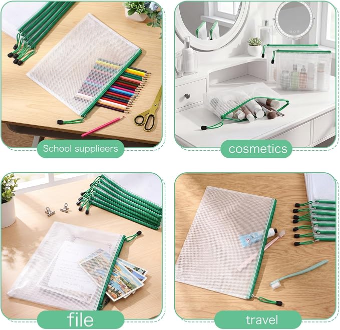 Zhehao 200 Pcs A4 Mesh Zipper Pouch Bulk Waterproof Mesh Zipper Organizer Plastic File Folder Case for School Office Supplies Document Board Games Puzzle(Green) - Image 5