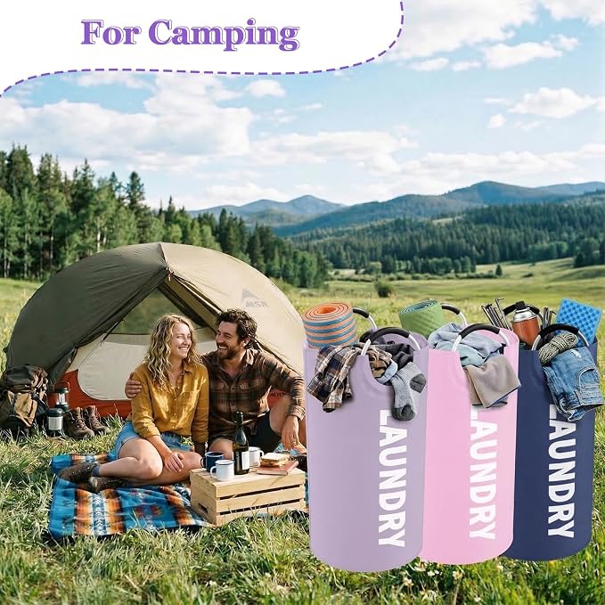 3Pack 95L Collapsible Laundry Basket, Padded Handle Hampers for Laundry | IHOMAGIC Freestanding Dirty Clothes Hamper, Water-resistant Storage Bin, Laundry Bag for Bedroom, Dorm, Purple+Navy Blue+Pink - Image 8