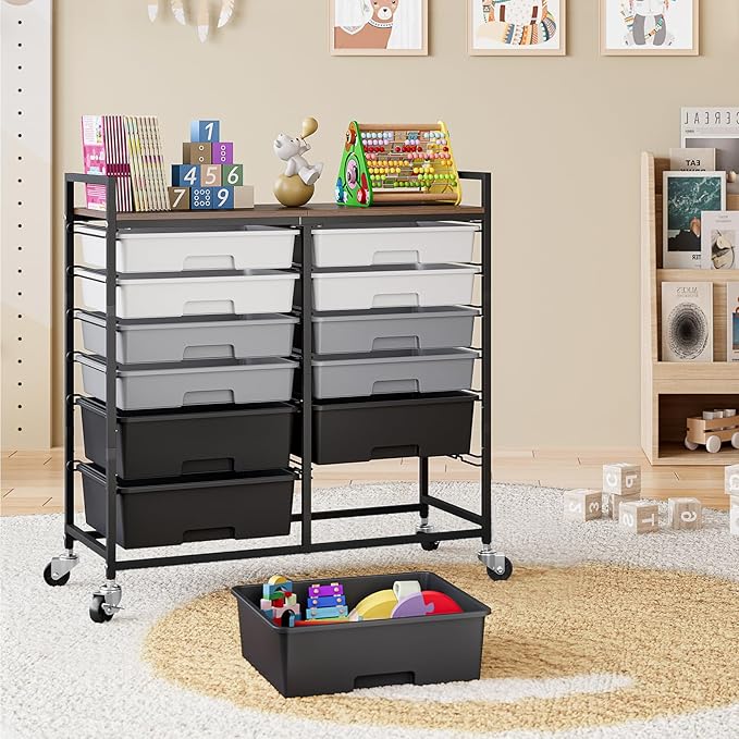 TOOLF 12 Drawers Rolling Storage Cart with Wooden Top for Classroom,Grey | Teacher Cart Craft Art Supply Organizer, Utility Cart with Lockable Wheels for Home Household Essentials, Office Organization - Image 2