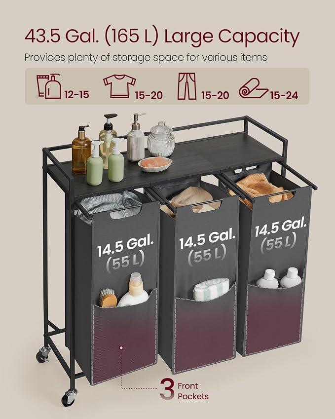 VASAGLE Laundry Sorter, 43.5 Gal. (165 L) Laundry Hamper Basket with 3 Compartments, Rolling Cart with Wheels, Shelf, Removable Bags, Pockets, Slate Gray and Charcoal Gray UBLH031G01 - Image 3