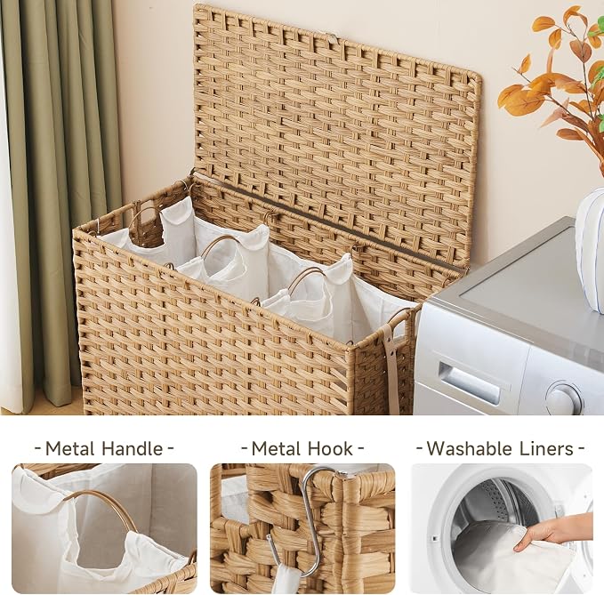 Laundry Hamper with Wheels, 39.6 Gallon(150L) Rolling Laundry Basket with Lid, 3-Section Rattan Clothes Hamper with 3 Removable Liner & 3 Mesh Bags, Laundry Sorter with Side Pocket, Natural - Image 5