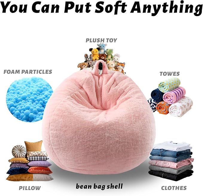 Faux Fur Bean Bag Cover (No Filler) Stuffed Animal Storage Adults Kids Pink | Bean Bag Covers Large Bean Bag Sofa for Kids Teens, furry fuzzy surface, for living room bedroom kids holiday gift - Image 4