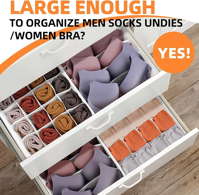 Drawer Organizer - 6 Set Clothes Organizer for Closet & Bedroom - 90 Cells Bins for Sock, Underwear, Bra, Baby Clothes - Washable & 10xDurable than Non-Woven Fabric (White) - Image 3