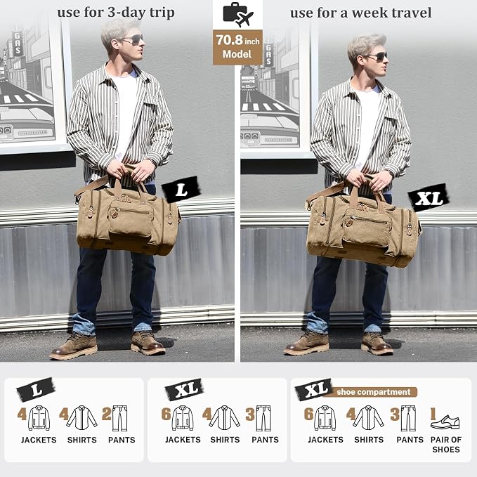 Gonex Canvas Duffle Bag, Expandable 60L Travel Overnight Weekender Bag | for Men, Multiple Pockets, Tear-Resistant, Durable Zippers, Detachable Strap, Coffee - Image 6