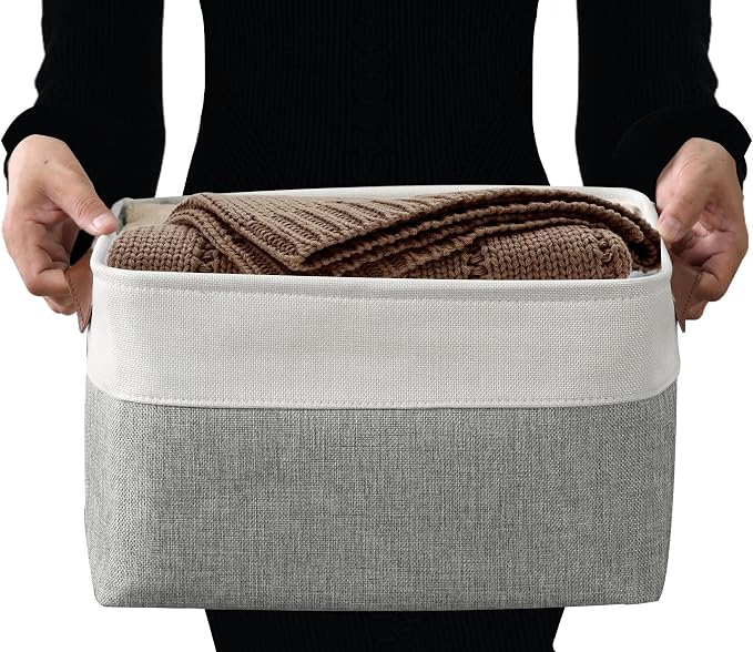 DECOMOMO Storage Bins, Large Fabric Storage Baskets for Shelves 3 Pack | 15 x 11 x 9.5 inches Decorative Linen Closet Organizers (Grey & White) - Image 5