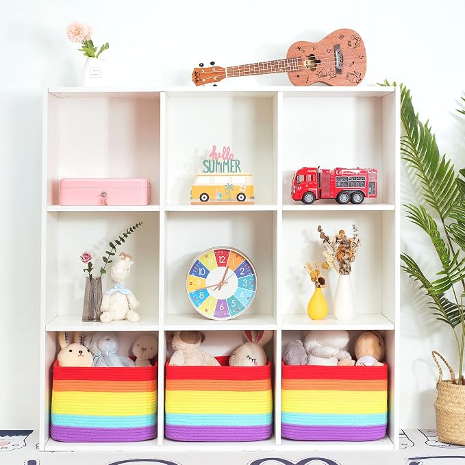 3-Pack Storage Baskets for Shelves, Playroom and Classroom, Book Basket, Decorative Storage Cube Bins, Woven Closet Organizers, Pantry and Shoe Organizer, Rainbow - Image 4
