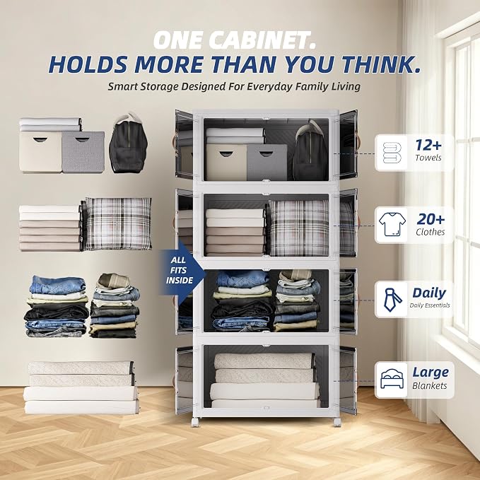 SAILUN 144QT/36Gal Stackable Storage Bins with a Lid, Collapsible Storage Bins With Doors, Folding Cabinet for Home Closet Organization,4 Pack-17.7" W x 11.8" D x 39.4" H White - Image 5