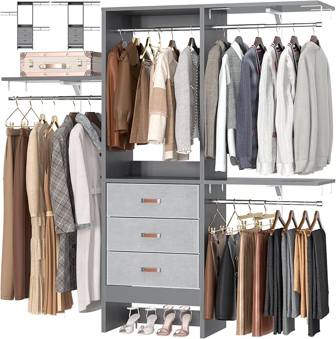 5FT Small Closet System with 3 Fabric Drawers, 60 Inches Walk In Closet Organizer System With 3 Adjustable Shelves, Heavy Duty Clothes Rack Built-In Garment Rack, 59" L x 16" W x 71" H, Grey by Armocity