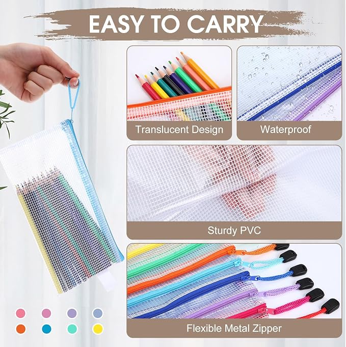 Kisston 150 Pcs Mesh Zipper Pouch Bags Bulk, 8 Sizes Plastic Zipper Bags, 8 Colors Waterproof File Pouches for Organization, Multipurpose Travel Pouches for Travel, Office, Board Game - Image 3