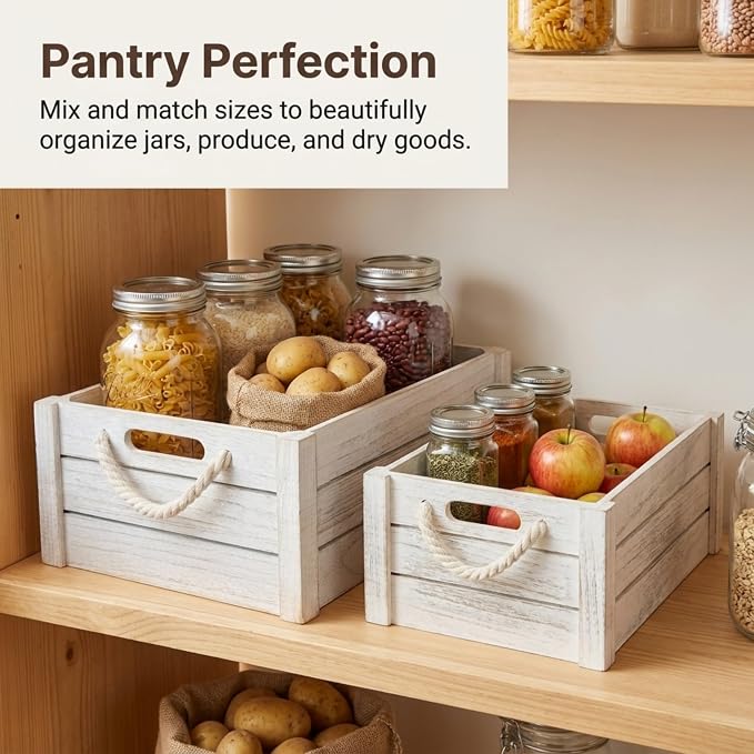 Set of 3 White Wooden Crates with Rope Handles, Nesting Decor Storage Boxes | Rustic Farmhouse Organizer for Kitchen, Living Room, Bathroom, or Pantry. Nesting Design Keeps Shelves Tidy. - Image 8