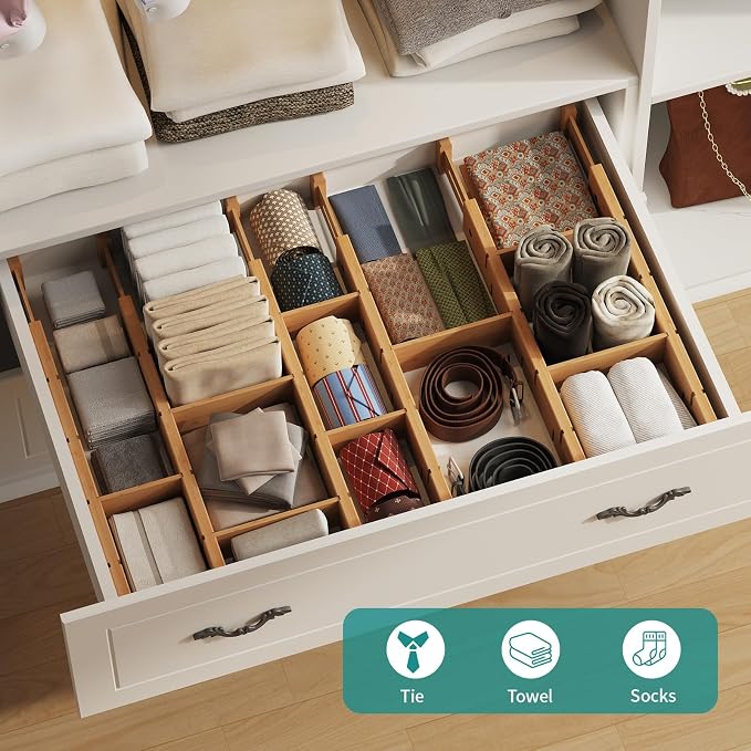 8 Pack Kitchen Drawer Dividers with Inserts, Bamboo Adjustable Drawer Organizers, Expandable Organization for Home, Dressers, 8 Dividers with 16 Inserts - Image 8