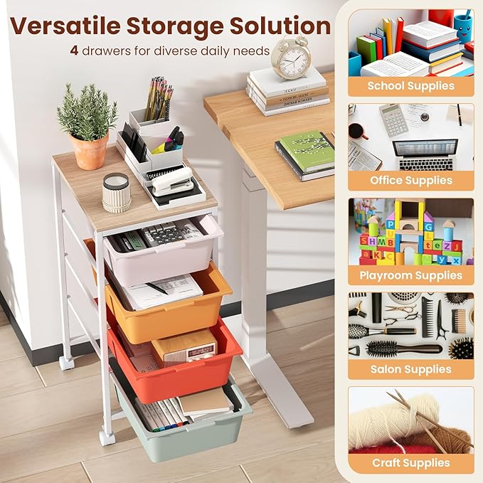 Giantex Rolling Storage Cart with 4 Drawers, Utility Cart w/Wooden Tabletop, Lockable Wheels, Multipurpose Organizer for Art Craft Scrapbook Paper, Drawer Carts for Dorm Classroom Office, Macaron - Image 5