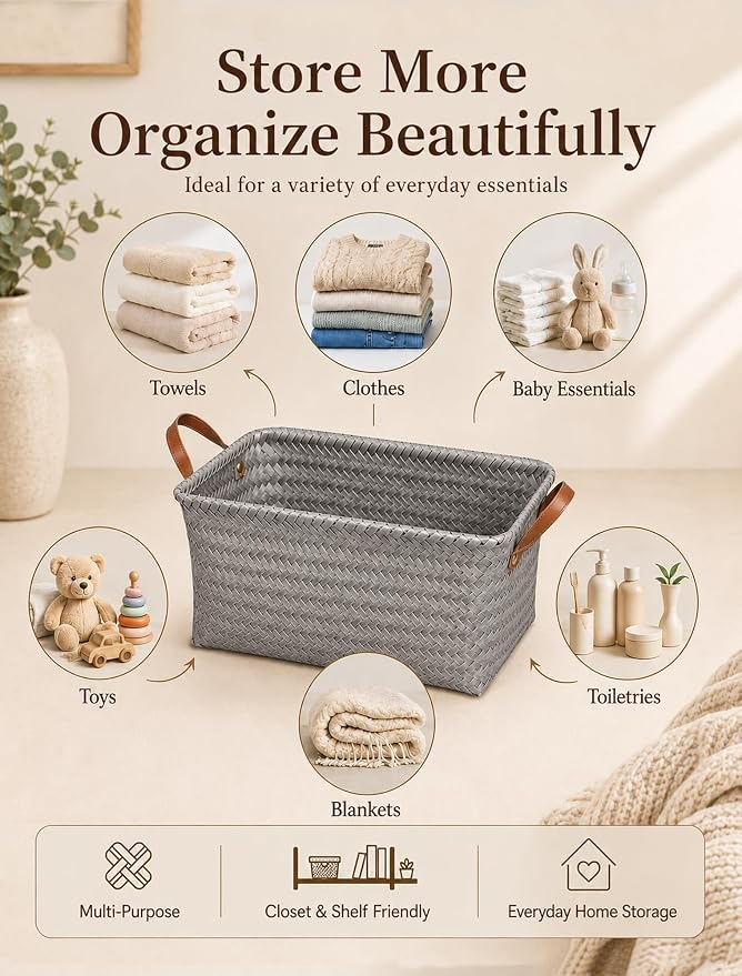 Wicker Storage Baskets, 4 Pack Woven Baskets for Shelves, Grey | PP Rattan, Water-resistant Wicker Basket, Large Baskets with Faux Leather Handles for Blanket, Laundry Organizer, Room Decor - Image 4