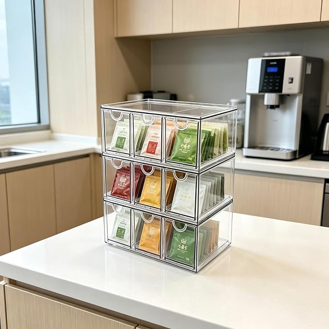 Prsildan Craft Art Supply Organizer Stackable Storage Drawer with 9 Drawers | Clear Acrylic, Tea Bag K Cup Organizer, for Kitchen Office Desk Vanity Makeup Organizer, 3 Pack - Image 6