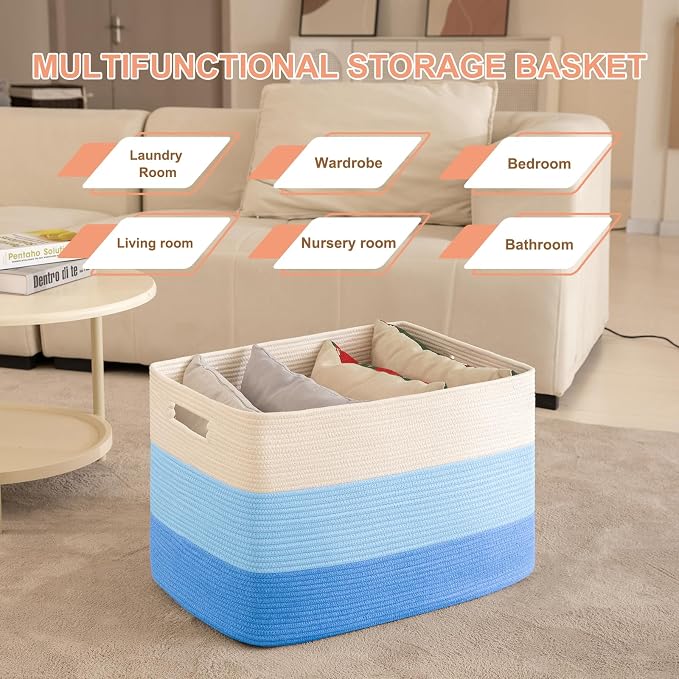 OIAHOMY 108L Extra Large Blanket Basket Dog Toy Basket Gradient Light Blue | Rectangle Woven Baskets for Storage Cotton Rope Basket For Living Room Toy Storage Blanket Storage Laundry Basket - Image 4
