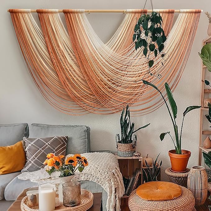 Macrame Wall Hanging Orange Boho Fiber Art Large Decor 57"W*31"L | Boho Wall Hanging, Large Wall Decor, Fiber Art Accent, Orange Design, Handmade Home Decor, for Bedroom Living Room - Image 2