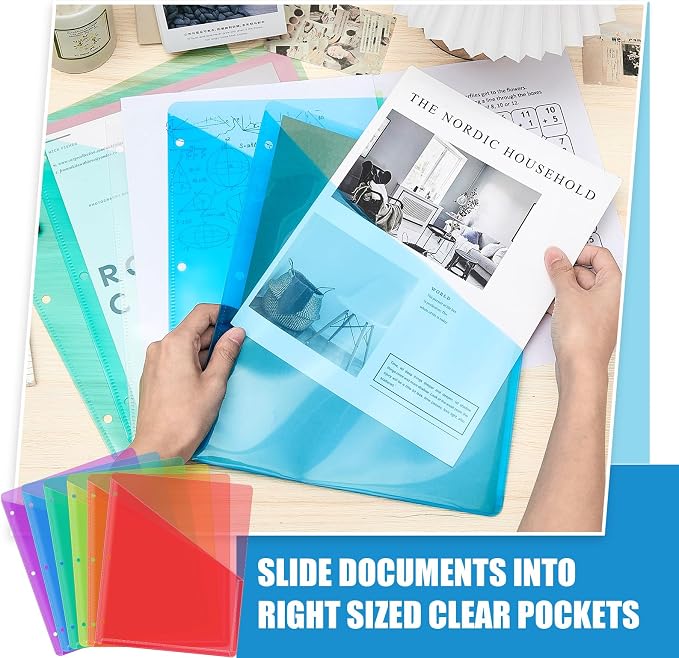 Seajan 24 Pcs Binder Pocket Folders, Clear 3 Ring Binder, Multicolor | Plastic Folders Sleeves with 2 Pockets, Poly Slash File Jackets, 3 Hole Punched Dividers for School, Office, Documents - Image 4