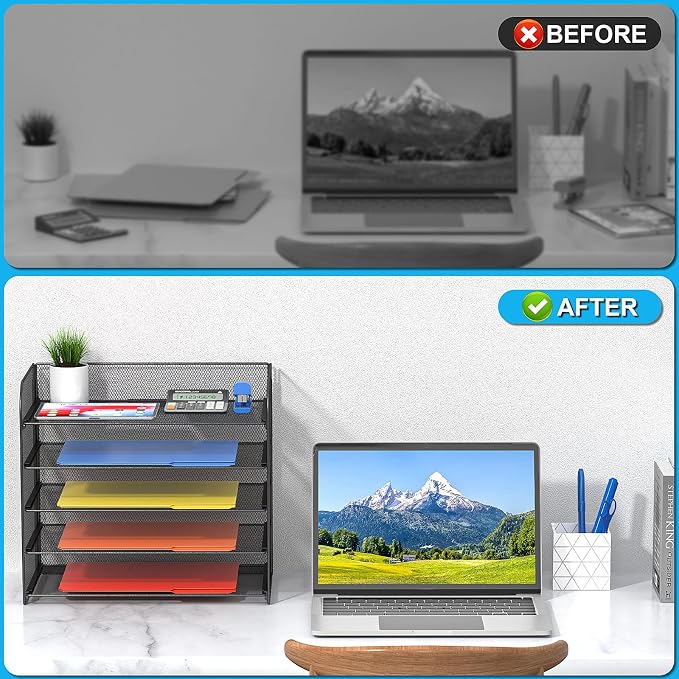 2 Sets 5-Tier Paper Organizer,Paper Tray Holder for Desk,File Holder/Sorter,Legal/Letter Size,A4,File Folder Shelf Organizer for Office,Home,Solid Steel,Mesh,Sturdy,Leakproof,Large Capacity - Image 4